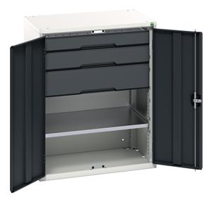 Verso kitted cupboard with 1 shelf, 3 drawers. WxDxH: 800x550x1000mm. RAL 7035/5010 or selected Bott Verso Basic Tool Cupboards Cupboard with shelves